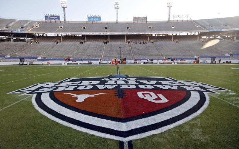 The Red River Showdown logo is displayed on the field of the Cotton Bowl, prior to a game between Texas and Oklahoma on Oct. 10, 2020, in Dallas. (AP FILE)