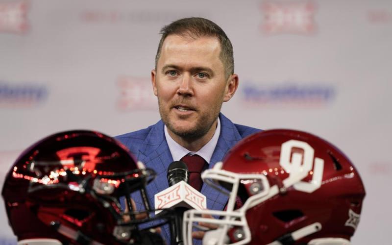 Oklahoma head football coach Lincoln Riley speaks from the stage during Big 12 media days on July 14 in Arlington, Texas. (LM TERO/Associated Press)