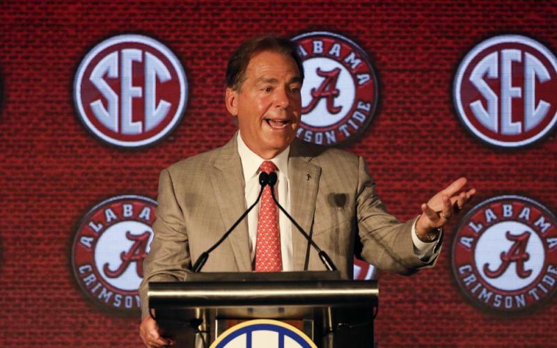 Alabama head coach Nick Saban speaks to reporters during SEC Media Days on Wednesday in Hoover, Ala. (BUTCH DILL/Associated Press)