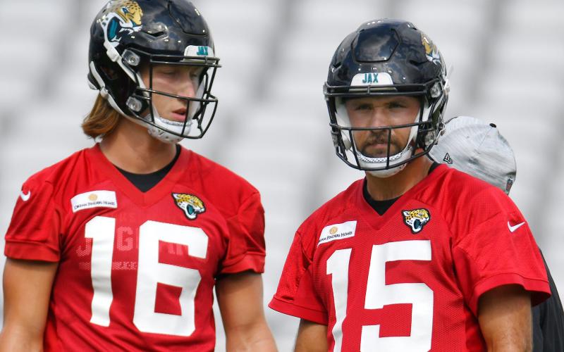 Jacksonville Jaguars quarterbacks Trevor Lawrence (16) and Gardner Minshew II (15) are pictured during Sunday's scrimmage session at TIAA Bank Field in Jacksonville. (BOB SELF/Florida Times-Union/TNS)