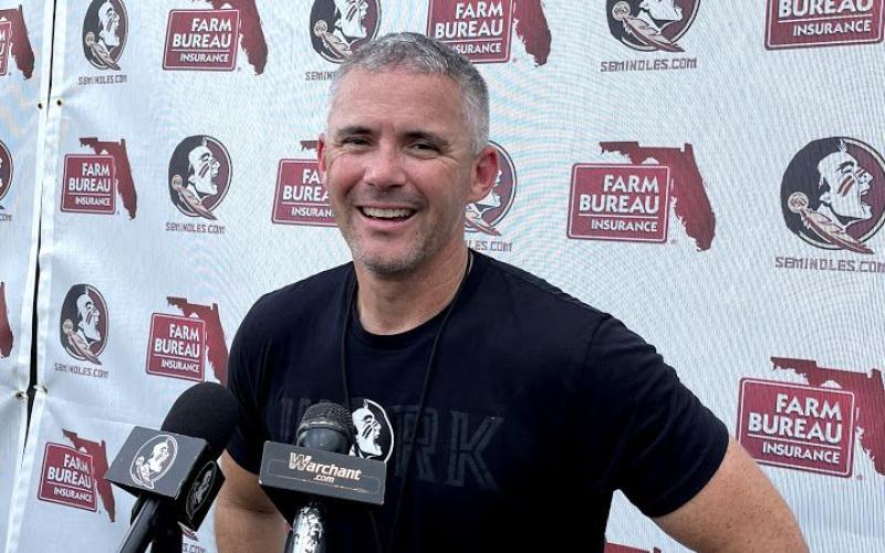Florida State head coach Mike Norvell speaks to reporters in August. (MATT MURSCHEL/TNS)