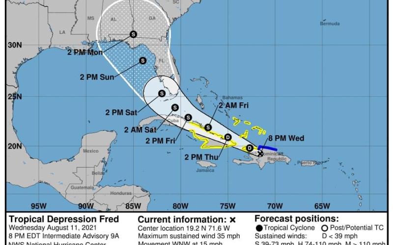 Current projected path for Tropical Storm Fred. (NOAA)