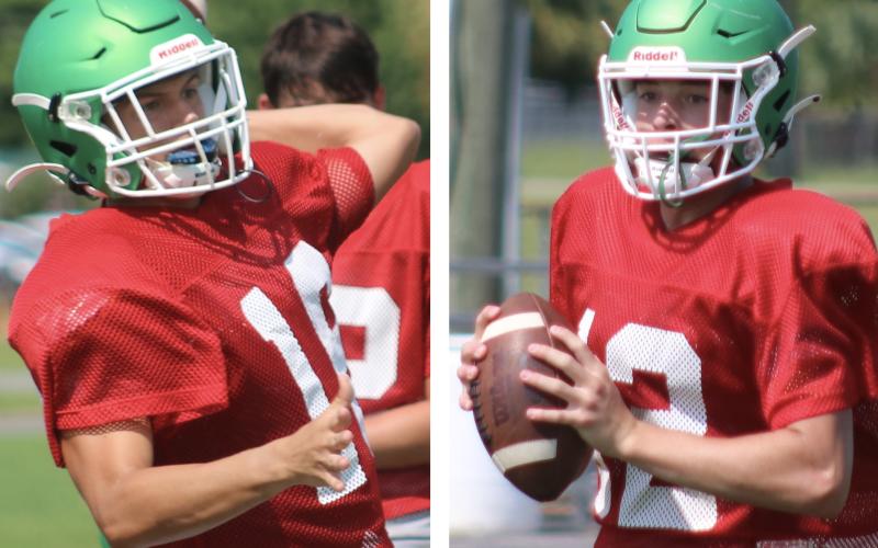 Suwannee quarterbacks Bronsen Tillotson (left) and Kodi Lang (right) drop back to pass during practice on Monday. (JAMIE WACHTER/Lake City Reporter)