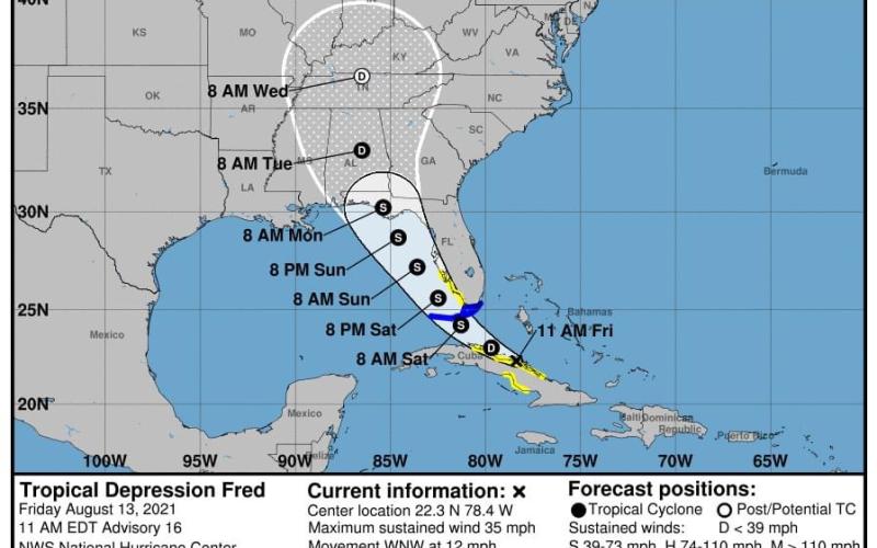 Current forecast cone for Tropical Depression Fred. (NOAA)