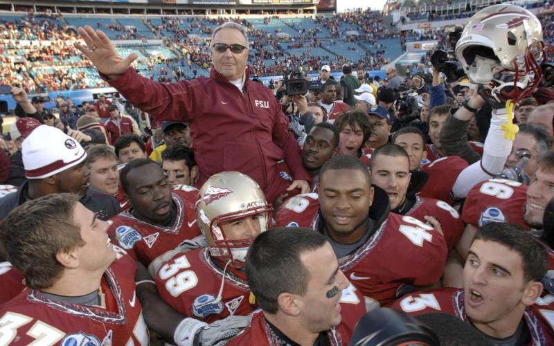 Florida State head coach Bobby Bowden is carried on the shoulders of his players after their 33-21 win over West Virginia in the Gator Bowl on Jan. 1, 2010, in Jacksonville. (AP FILE)