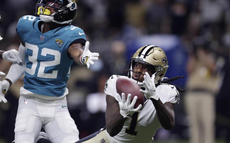 New Orleans Saints wide receiver Marquez Callaway (1) pulls in a touchdown reception against Jacksonville Jaguars cornerback Tyson Campbell (32) on Monday in New Orleans. (BRETT DUKE/Associated Press)