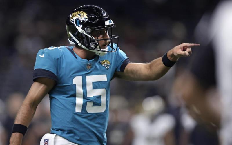 Jacksonville Jaguars quarterback Gardner Minshew (15) reacts in the second half of a preseason game against the New Orleans Saints on Aug. 23 in New Orleans. (BRETT DUKE/Associated Press)