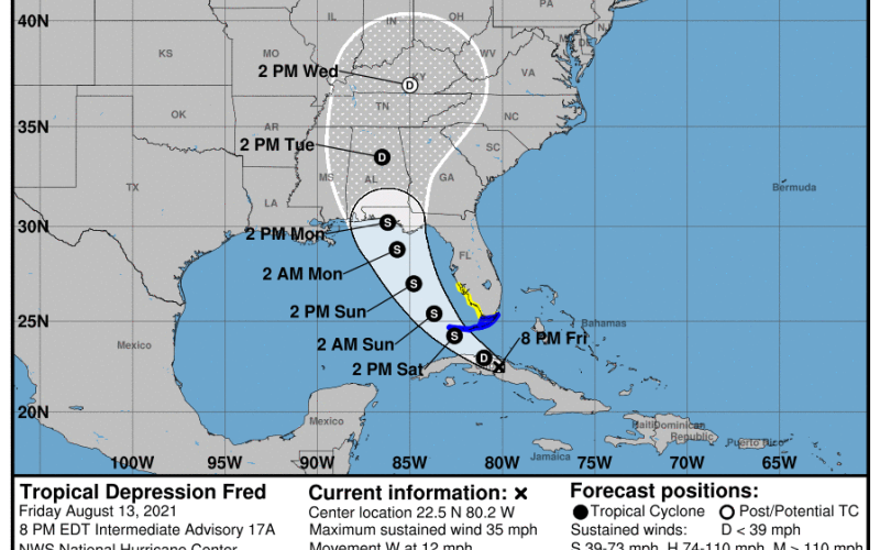 A Friday evening update from the National Oceanic and Atmospheric Administration shows Tropical Depression Fred’s center making landfall near the Florida panhandle on Monday. (COURTESY/NOAA)