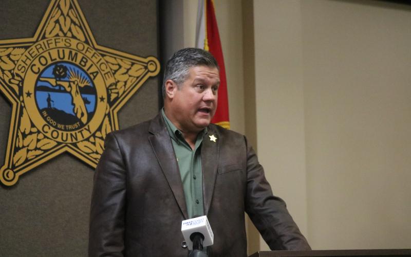Columbia County Sheriff Mark Hunter speaks to the media at Monday’s press conference. (JAMIE WACHTER/Lake City Reporter)