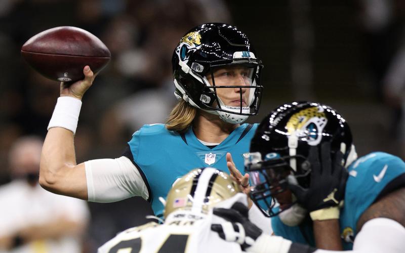 Jacksonville Jaguars quarterback Trevor Lawrence (16) looks to throw a pass against the New Orleans Saints during their preseason game at the Caesars Superdome on Aug. 23 in New Orleans, La. (CHRIS GRAYTHEN/Getty Images/TNS)