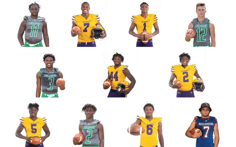 Here is the Lake City Reporter's Super 11 for the 2021 season. TOP ROW: Suwannee LB Andrew Brown, Columbia DE Adeon Farmer, Columbia DB Amare Ferrell, Suwannee WR Camdon Frier. MIDDLE ROW: Suwannee RB Malachi Graham, Columbia LB Bobby Miller, Columbia WR Marcus Peterson. BOTTOM ROW: Columbia LB/DB Jaden Robinson, Suwannee WR/DB Jay Smith, Columbia WR/DB Tray Tolliver, Branford RB Bodhi White.