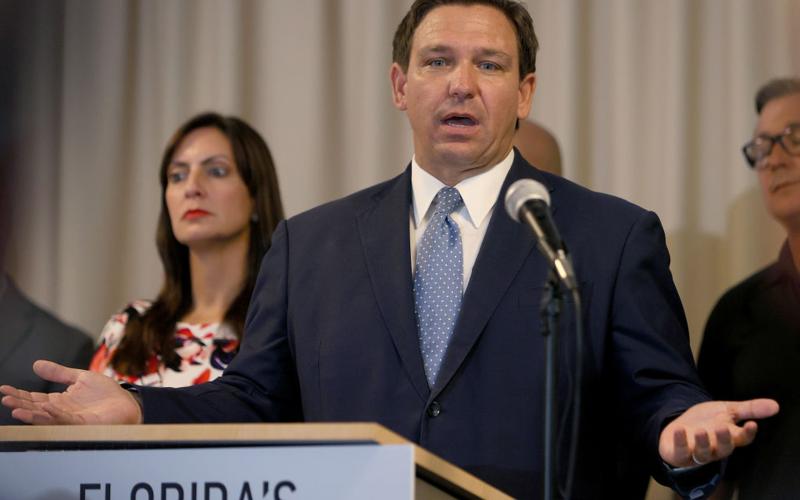 Florida Gov. Ron DeSantis speaks during an event to give out bonuses to first responders held at the Grand Beach Hotel Surfside on Aug. 10 in Surfside. (JOE RAEDLE/Getty Images/TNS)