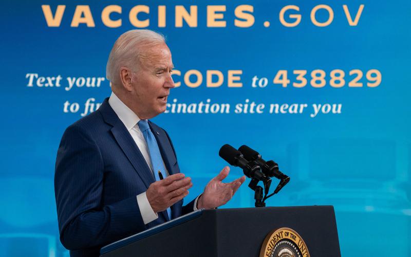 U.S. President Joe Biden delivers remarks on the covid-19 response and the vaccination program at the South Court Auditorium at Eisenhower Executive Office Building on Monday in Washington, D.C. (KEN CEDENO/Pool/ABACAPRESS.COM/TNS)