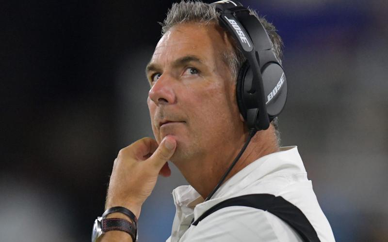Jacksonville Jaguars head coach Urban Meyer looks at the scoreboard during a preseason game against the Cleveland Brown at TIAA Bank Field on Aug. 14 in Jacksonville. (TRIBUNE NEWS SERVICE)