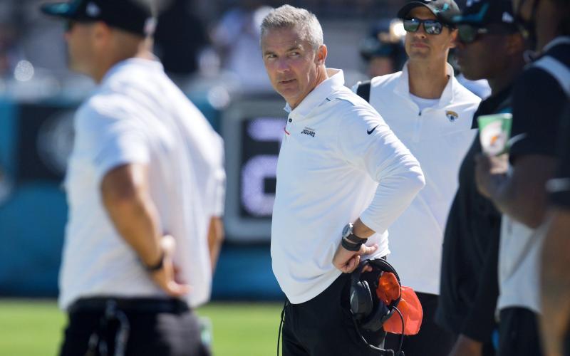 Jacksonville Jaguars head coach Urban Meyer looks down the sidelines during a game against the Arizona Cardinals at TIAA Bank Field on Sept. 26 in Jacksonville. (BOB SELF/Florida Times-Union/TNS)