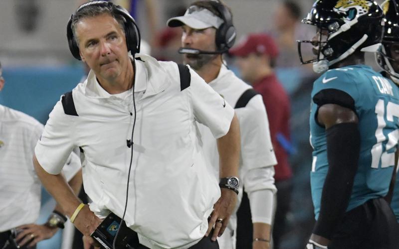Jacksonville Jaguars head coach Urban Meyer looks down the sidelines during a preseason game against the Cleveland Browns at TIAA Bank Field on Aug. 14 in Jacksonville. (TRIBUNE NEWS SERVICE)