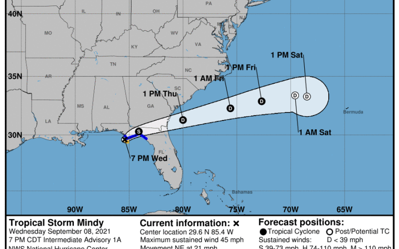 The projected path for Tropical Storm Mindy. (NOAA)