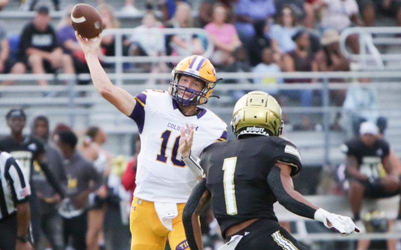 Columbia quarterback Kade Jackson throws a pass against Oakleaf on Sept. 10. (BRENT KUYKENDALL/Lake City Reporter)