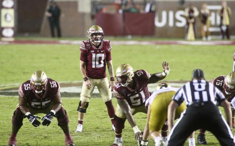 Florida State quarterback McKenzie Milton (10) waits for the snap in overtime against Notre Dame on Sunday in Tallahassee. Notre Dame won 41-38. (PHIL SEARS/Associated Press)