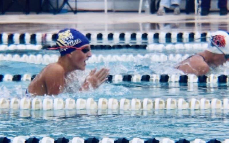 Columbia swimmer Izzy Glenn competes in the 100 breaststroke during Thursday’s tri-meet against Baker County and Middleburg. (COURTESY)