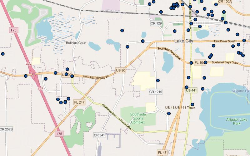 A map produced by the Lake City Police Department shows the approximate locations of discharged firearms since the beginning of the year through Thursday. 94 incidents have been reported since Jan. 1, 2021.