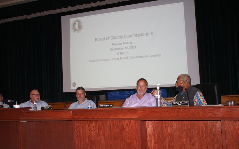 Columbia County Commissioner Ron Williams (right) engages in a shouting match with Commission Chairman Rocky Ford (left) during Thursday’s meeting. (TONY BRITT/Lake City Reporter)