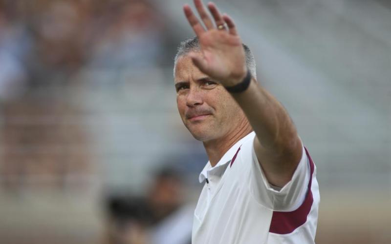 Florida State head coach Mike Norvell waves to fans before the start of the Seminoles' game against Jacksonville State on Sept. 11 in Tallahassee. (PHIL SEARS/Associated Press)