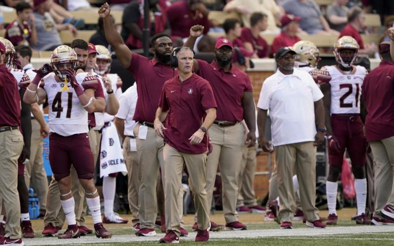 Florida State coach Mike Norvell watches during a game against Wake Forest on Sept. 18 in Winston-Salem, N.C. (CHRIS CARLSON/Associated Press)