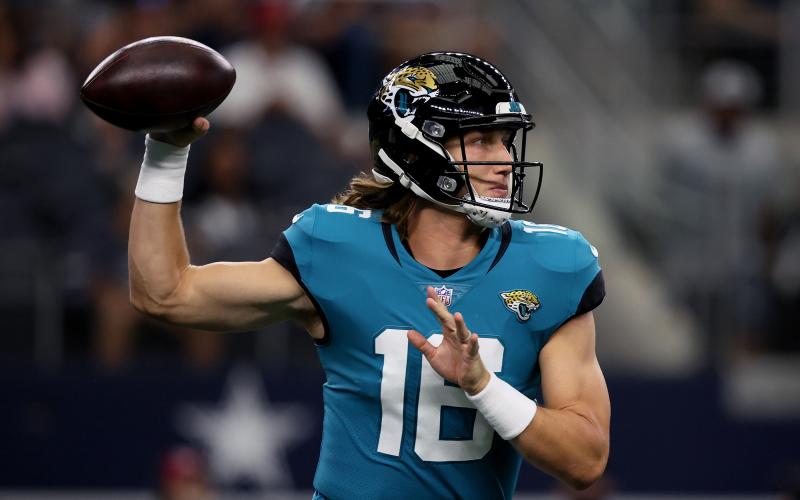 Jacksonville Jaguars quarterback Trevor Lawrence (16) looks for an open receiver against the Dallas Cowboys during a preseason game at AT&amp;T Stadium on Aug. 29 in Arlington, Texas. (TOM PENNINGTON/Getty Images/TNS)