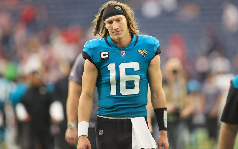 Jacksonville Jaguars quarterback Trevor Lawrence (16) reacts after his team's game against the Houston Texans at NRG Stadium on Sept. 12 in Houston. (CARMEN MANDATO/Getty Images/TNS)