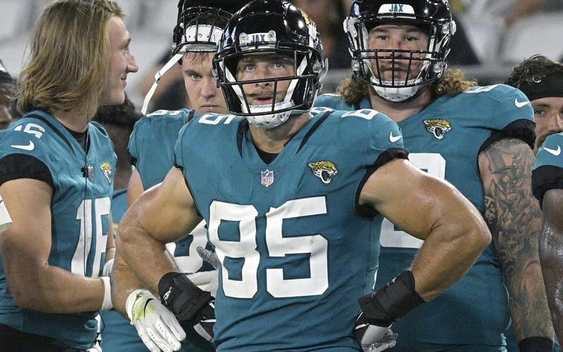 Former Jacksonville Jaguars tight end Tim Tebow (85) watches on the sideline during a preseason game against the Cleveland Browns on Aug. 14 in Jacksonville. (AP FILE)