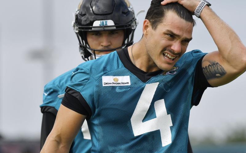 Jacksonville Jaguars kicker Josh Lambo on the field between drills during training camp at the practice fields outside TIAA Bank Field on July 30 in Jacksonville. (TRIBUNE NEWS SERVICE)