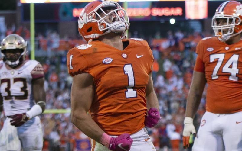 Clemson running back Will Shipley yells after scoring a touchdown against Florida State on Saturday in Clemson, S.C. (HAKIM WRIGHT SR./Associated Press)