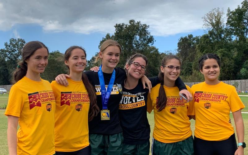 FGC women’s cross country team: Kyla Desmartin (from left), Kayla Desmartin, Ariel Anderson, Fallon Flynn, Savana Thomas and Merlin Leal. (COURTESY)
