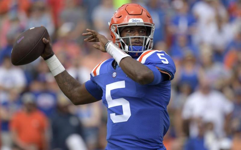 Florida quarterback Emory Jones (5) throws a pass against Vanderbilt on Oct. 9 in Gainesville. (PHELAN M. EBENHACK/Associated Press)
