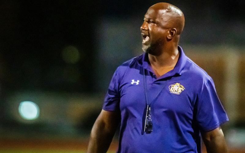 Columbia head coach Demetric Jackson yells out to his players during last Friday’s game against Orange Park. (FRAN RUCHALSKI/Special to the Reporter)