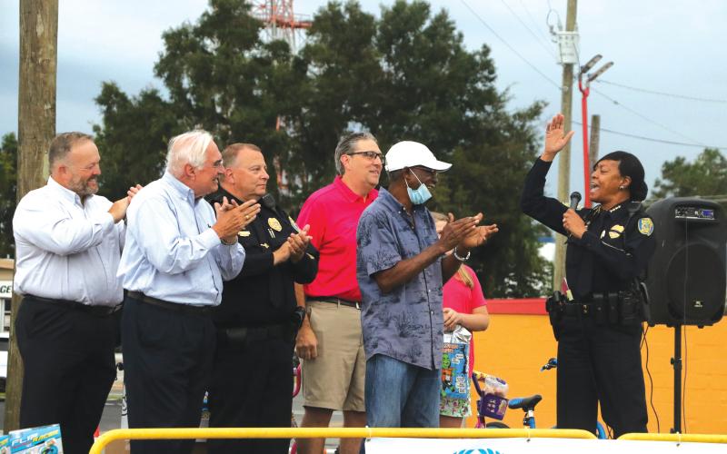 Lake City Police Chief Argatha Gilmore (right) speaks during the National Night Out event on Oct. 5. (FILE)