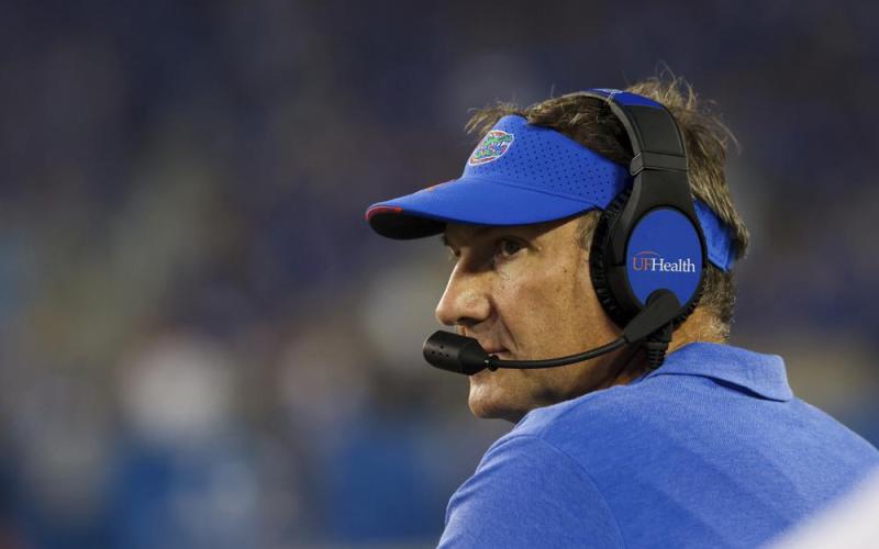 Florida head coach Dan Mullen looks up at the videoboard during a game against Kentucky on Oct. 2 in Lexington, Ky. (MICHAEL CLUBB/Associated Press)