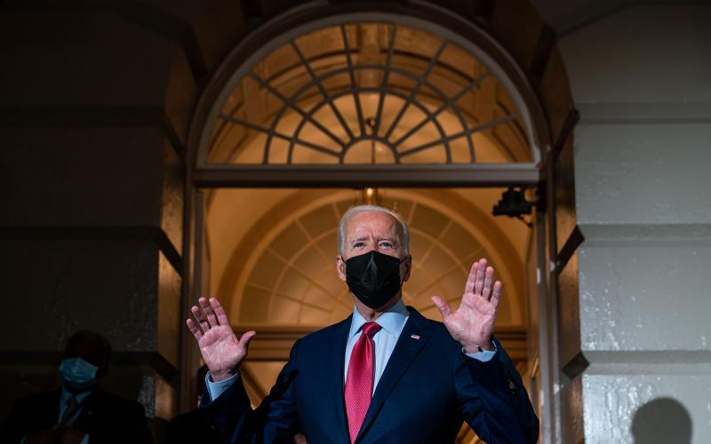 President Joe Biden leaves a House Democratic Caucus meeting in the U.S. Capitol on Friday, Oct. 1, 2021 in Washington, DC. The President called the meeting in order to push through an impasse with his $1 trillion infrastructure plan. (KENT NISHIMURA/Los Angeles Times/TNS)