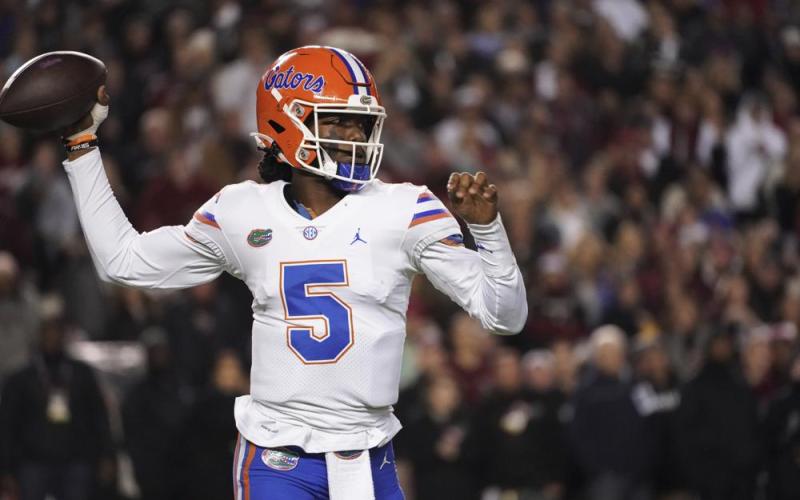 Florida quarterback Emory Jones throws a pass against South Carolina Nov. 6 in Columbia, S.C. (SEAN RAYFORD/Associated Press)