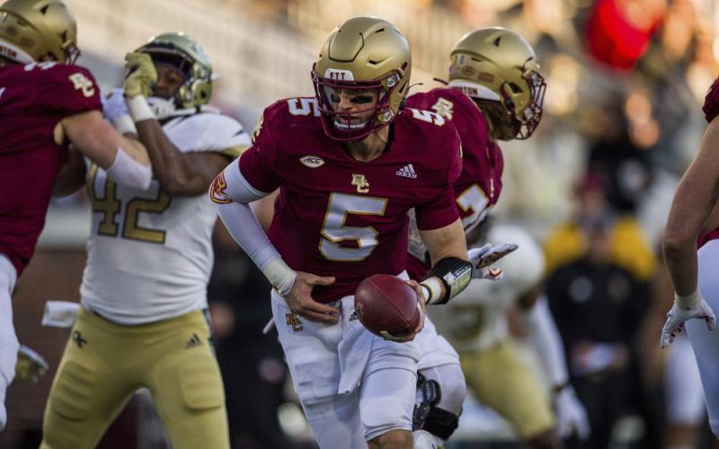 Boston College quarterback Phil Jurkovec (5) drops back to hand the ball off against Georgia Tech on Nov. 13 in Atlanta. (DANNY KARNIK/Associated Press)