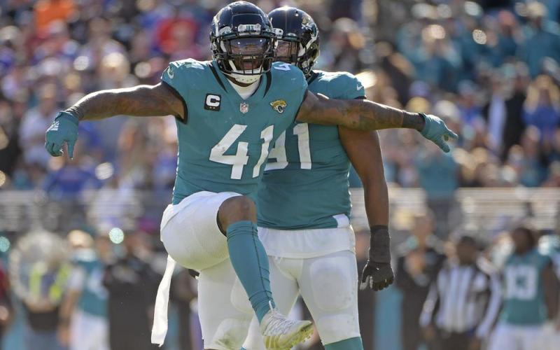 Jacksonville Jaguars linebacker Josh Allen (41) celebrates after sacking Buffalo Bills quarterback Josh Allen on Nov. 7 in Jacksonville. (PHELAN M. EBENHACK/Associated Press)