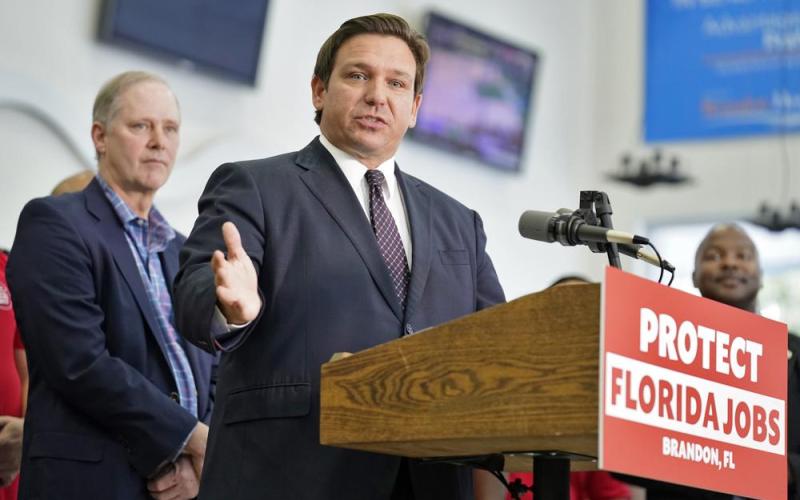 Ron DeSantis speaks to supporters and members of the media after a bill signing Thursday in Brandon. (CHRIS O’MEARA/Associated Press)