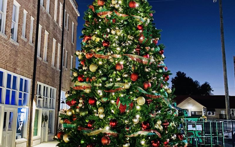 Lake City’s largest Christmas tree, which is set up on Veterans Street along the side of the Blanche Hotel, will be lit during a lighting ceremony Sunday. (COURTESY)
