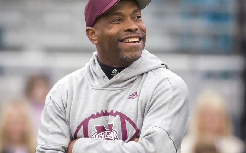 Former Mississippi State interim head coach Greg Knox watches his team warm up before the TaxSlayer Bowl against Louisville on Dec. 30, 2017, in Jacksonville. Knox is stepping in for Dan Mullen for the second time in five years. (AP FILE)