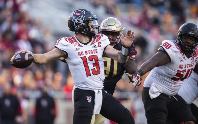 North Carolina State quarterback Devin Leary looks for a receiver during Saturday's game against Florida State in Tallahassee. (MARK WALLHEISER/Associated Press)