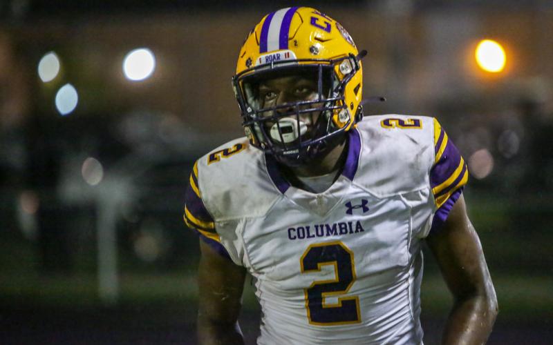 Columbia receiver Marcus Peterson after a play against Raines on Oct. 28. (BRENT KUYKENDALL/Lake City Reporter)