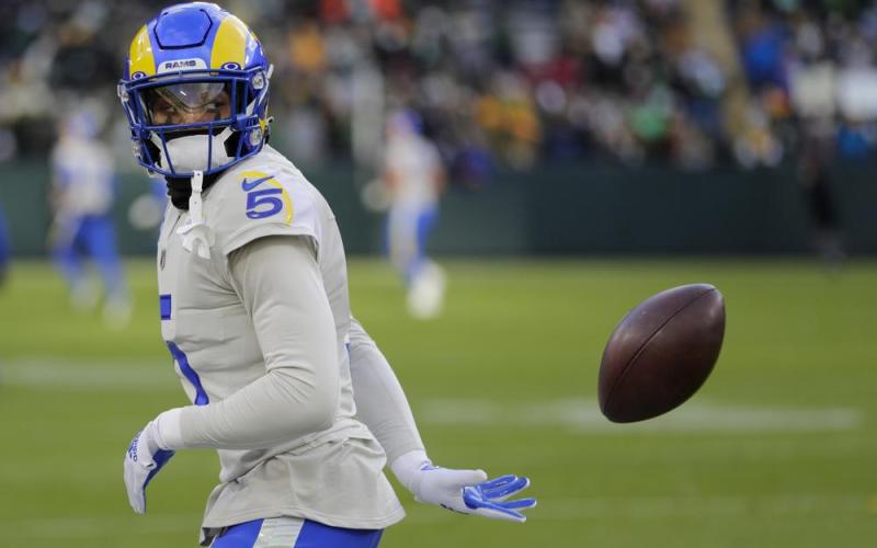 Los Angeles Rams' Jalen Ramsey warms up before a game against the Green Bay Packers on Sunday in Green Bay, Wis. (AARON GASH/Associated Press)