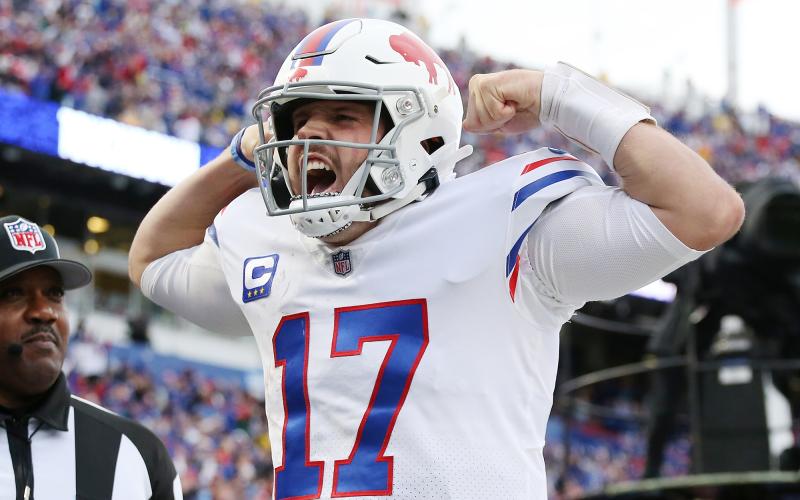 Buffalo Bills quarterback celebrates after scoring a touchdown against the Miami Dolphins at Highmark Stadium on Oct. 31 in Orchard Park, N.Y. (JOSHUA BESSEX/Getty Images/TNS)