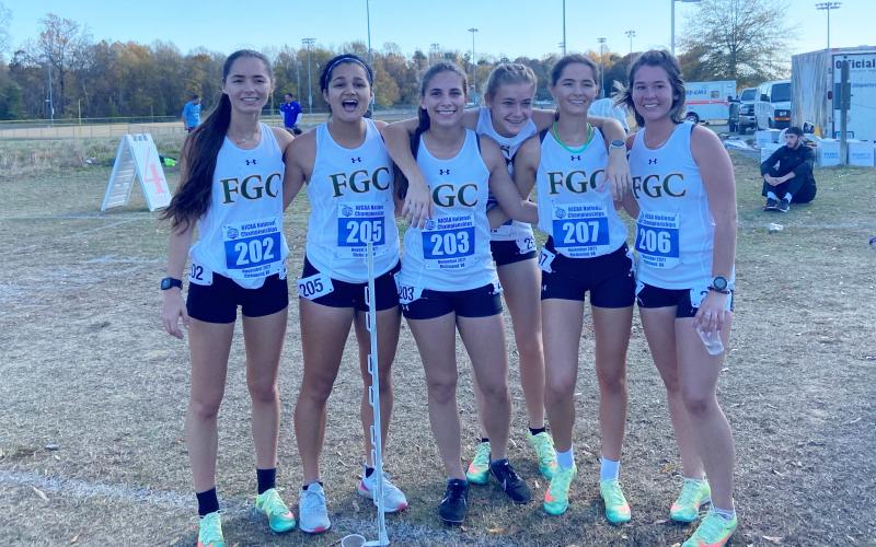 Florida Gateway College women’s cross country placed 11th at the NJCAA Division II National Championships on Saturday. Pictured is the team from left: Kyla Desmartin, Merlin Leal, Savana Thomas, Ariel Anderson, Kayla Desmartin and Fallon Flynn. (COURTESY)
